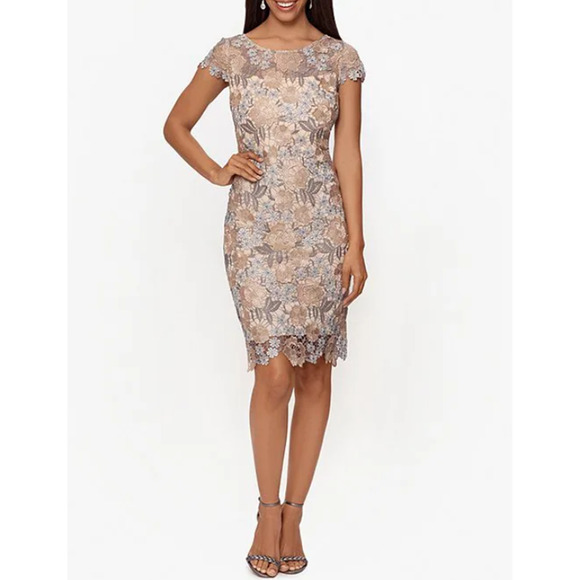 XSCAPE Floral Lace Sheath Dress Size 6 Rose Gold Short Sleeve Boat Neck NWOT - Picture 1 of 11